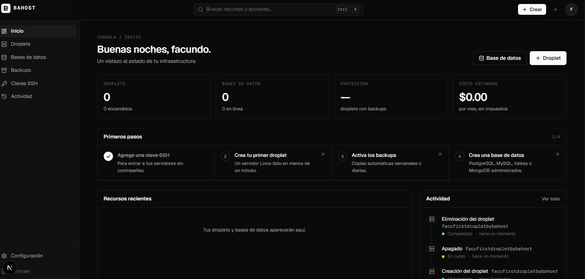 Consola de BAHOST con resumen de droplets, bases de datos y costos